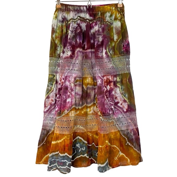 Handmade Geode Tie Dye Skirt Womens XS Long Midi Pink Brown White Lace Flare - Picture 1 of 10